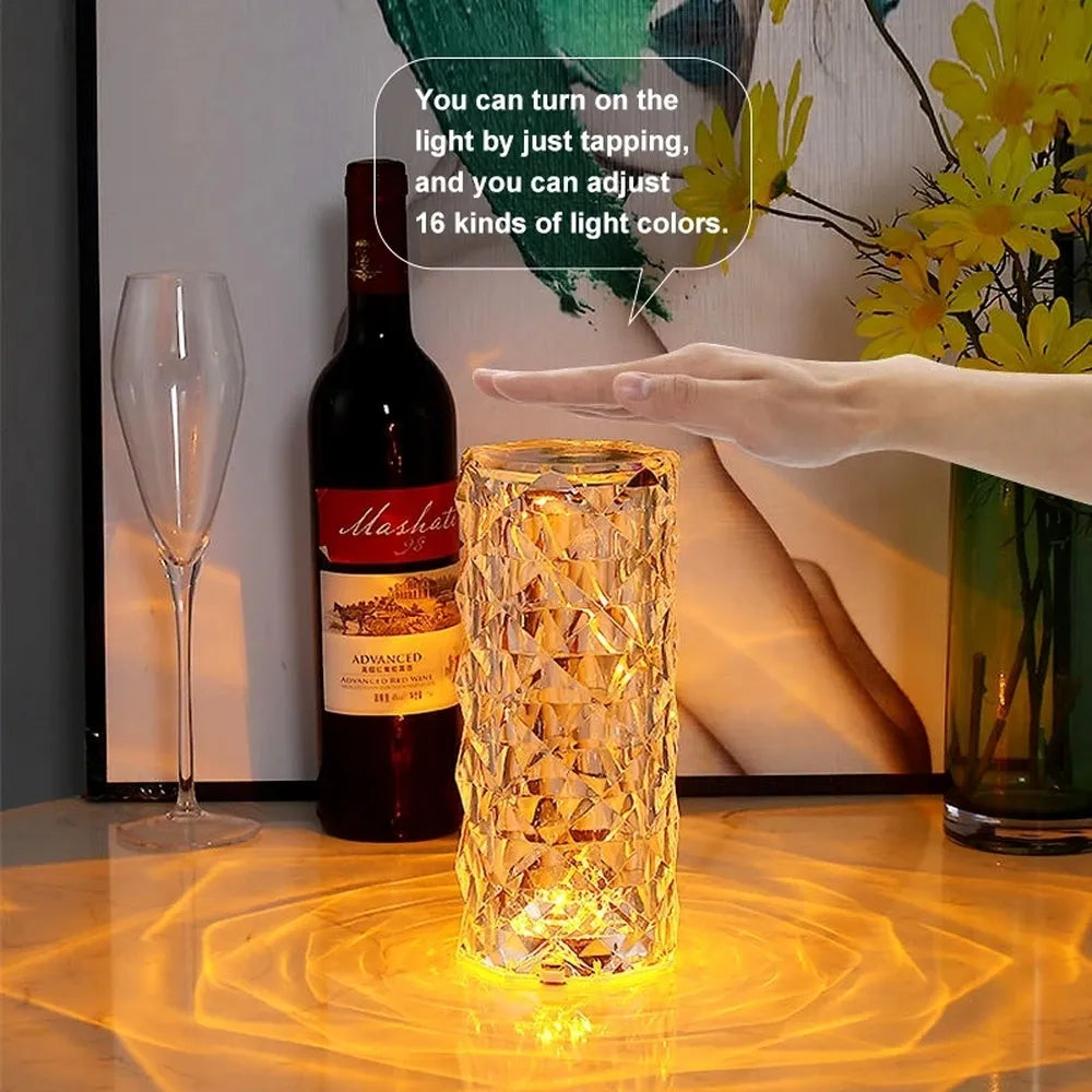 Lámpara LED de mesa de cristal para dormitorio, proyector de luz rosa, luz nocturna táctil USB, luces decorativas para decoración de habitación